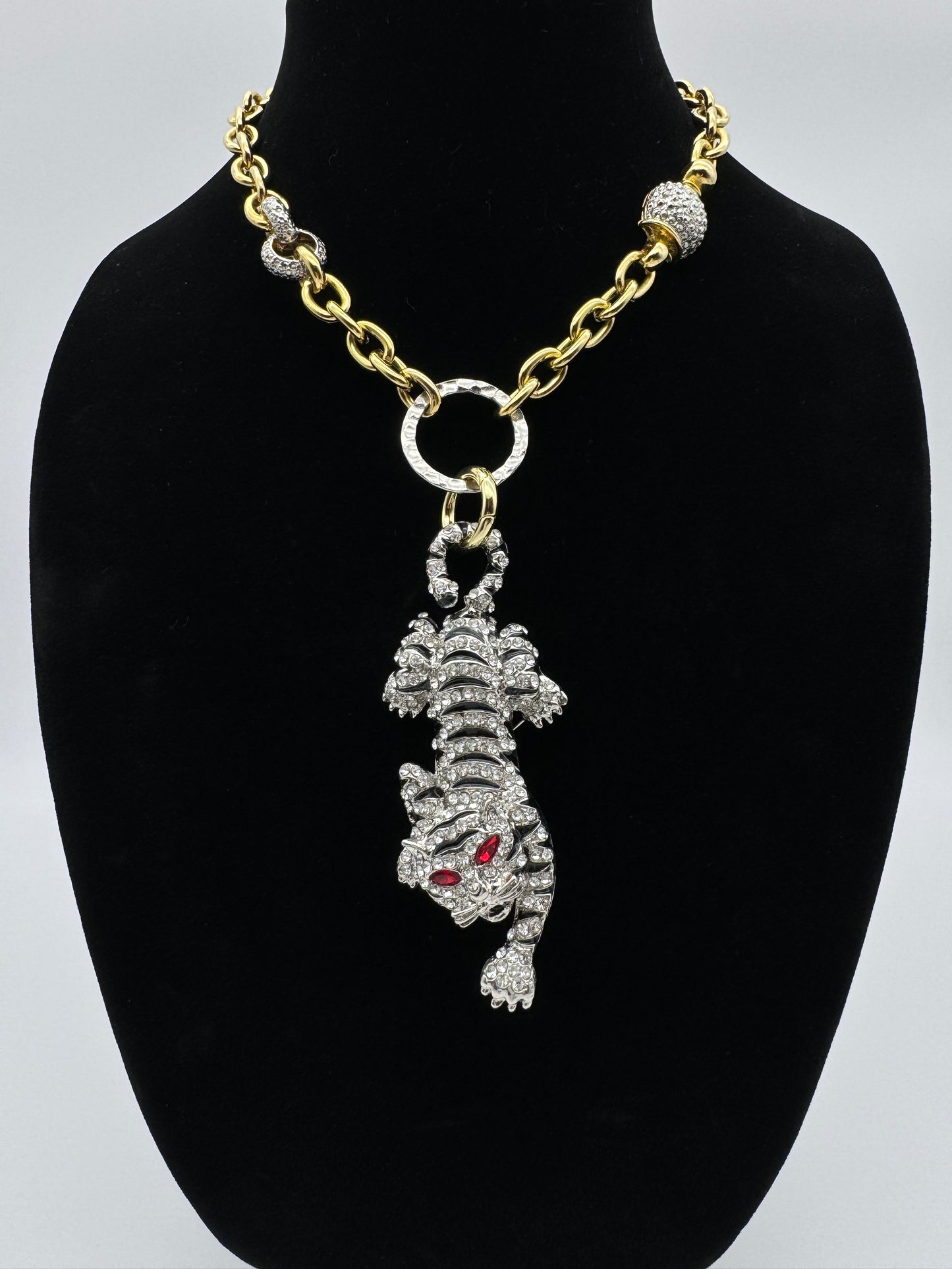 Rhinestone Tiger Brooch Pendant Necklace