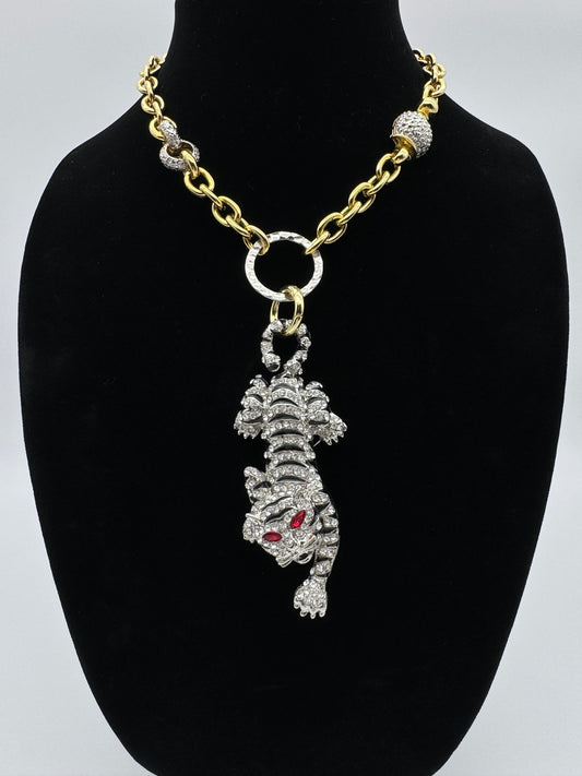 Rhinestone Tiger Brooch Pendant Necklace