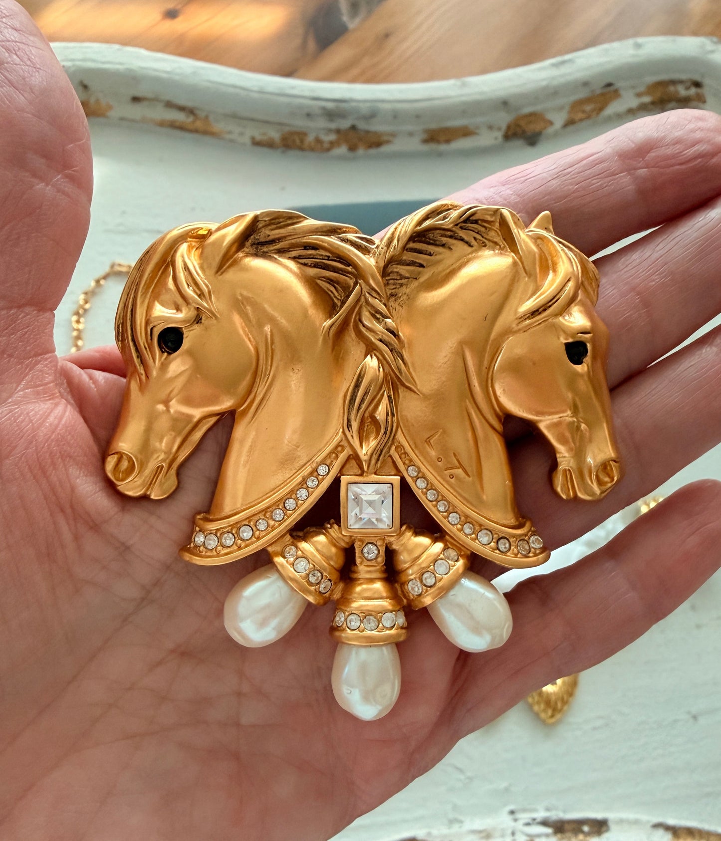 Hearts In Tandem Double Horse Brooch