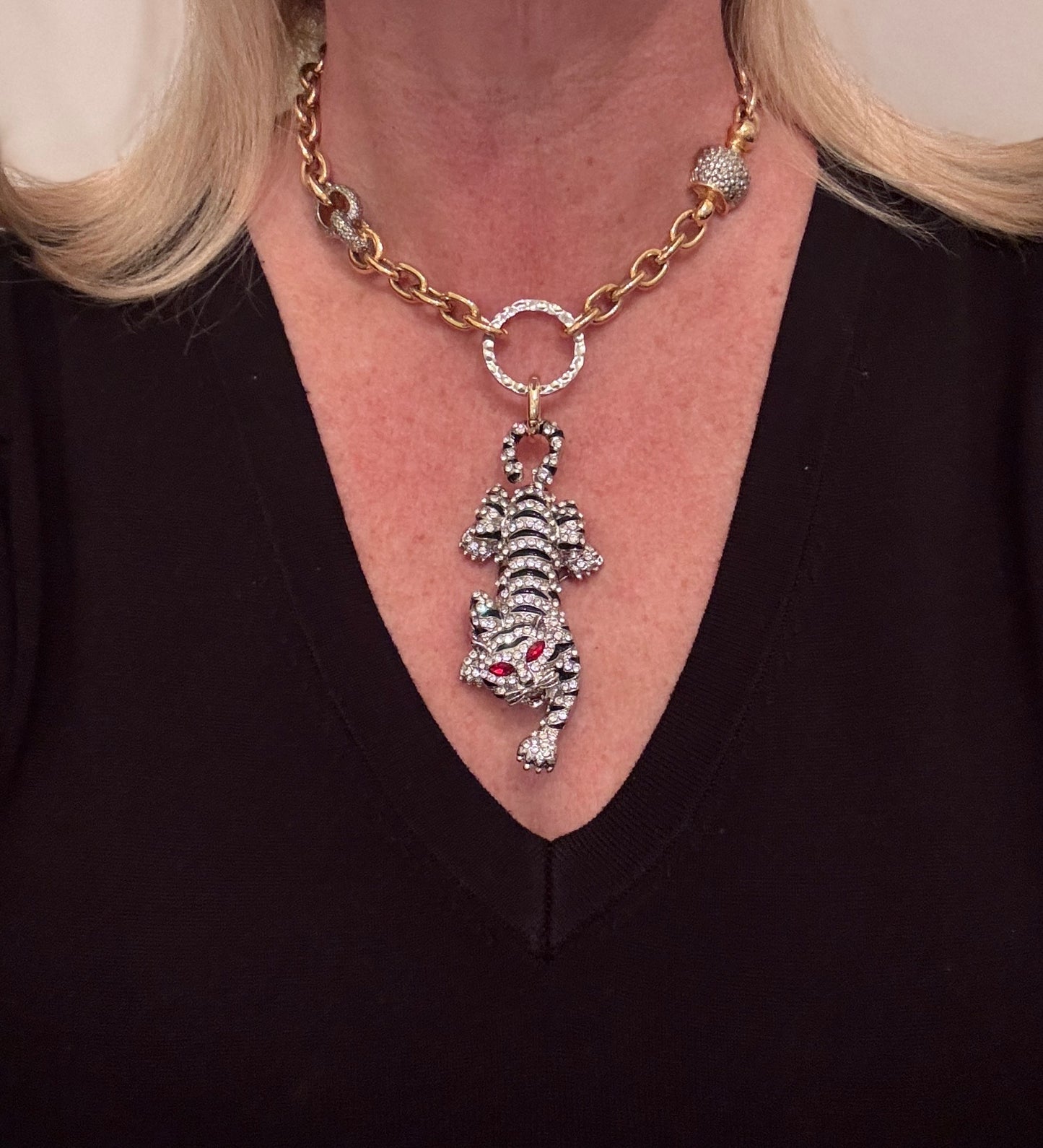 Rhinestone Tiger Brooch Pendant Necklace
