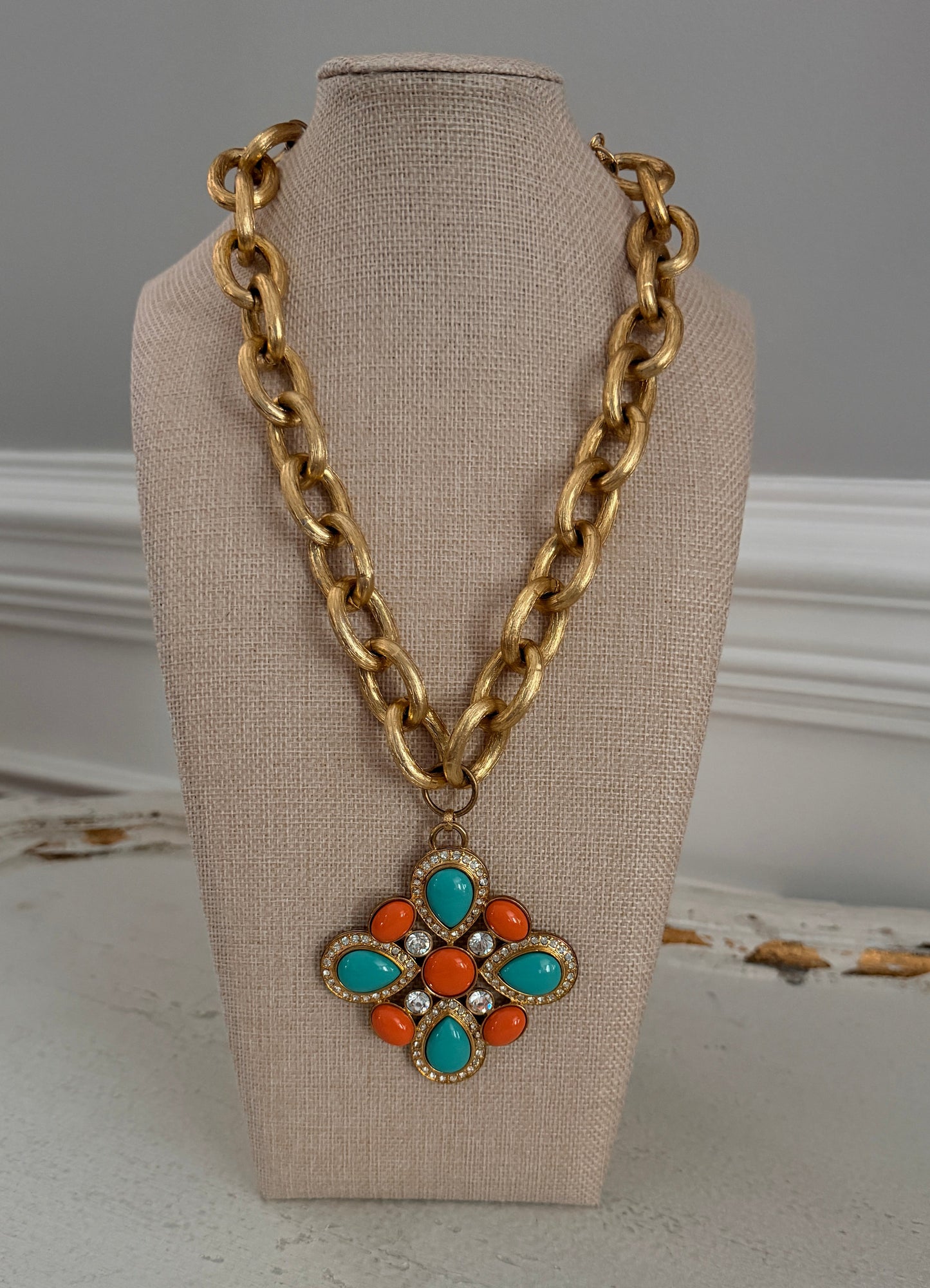 Faux Turquoise & Coral Maltese Statement Necklace