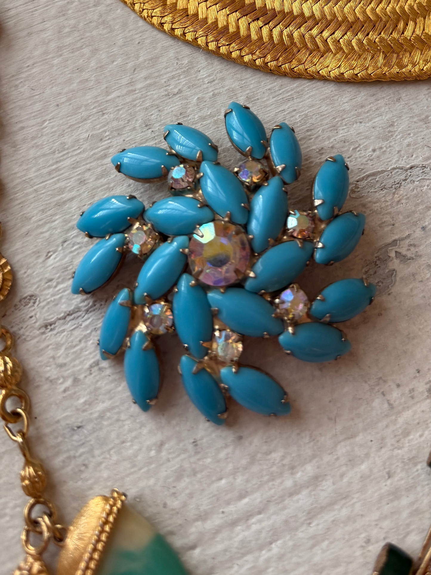 Turquoise Blue Rhinestone Brooch and Earrings Set