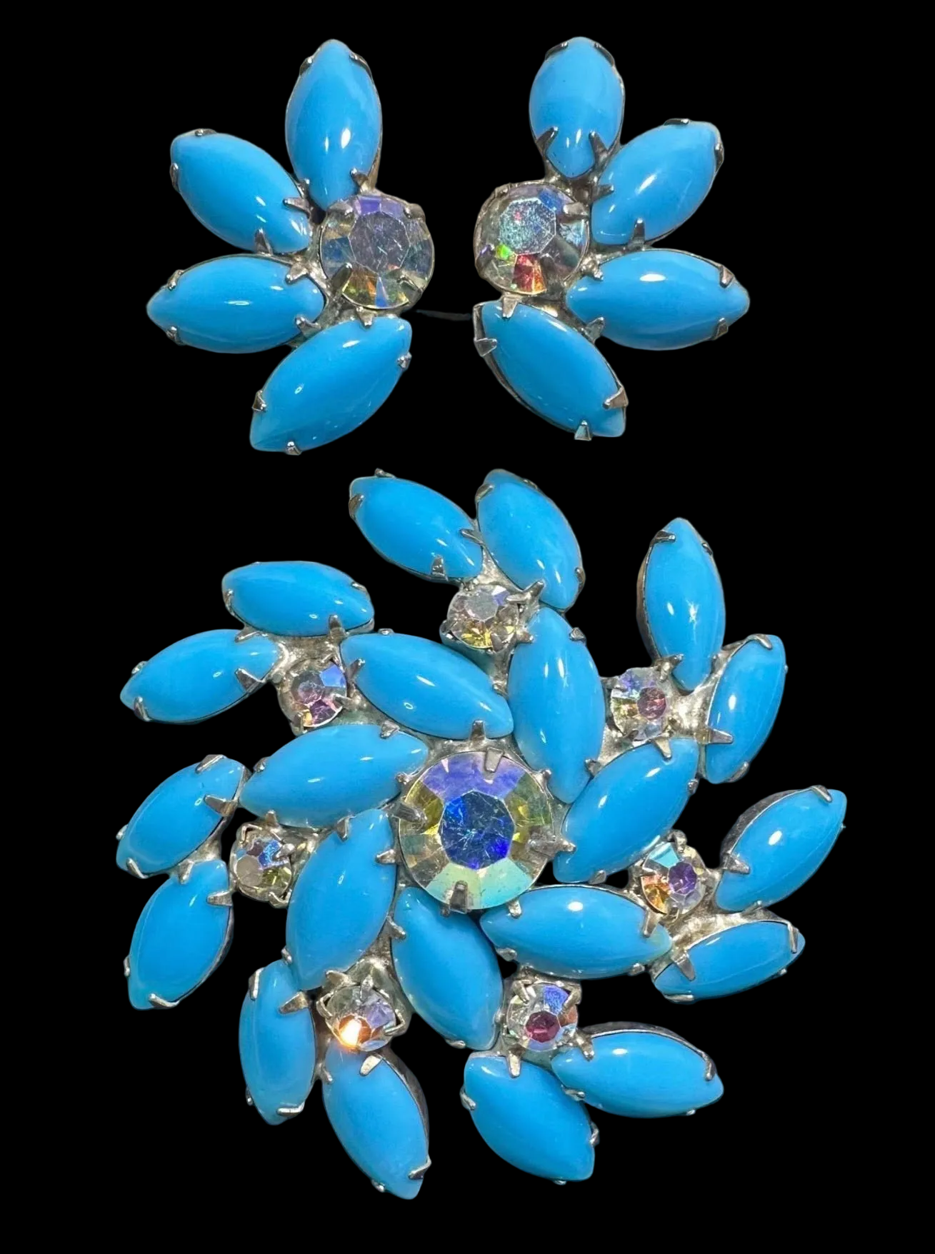 Turquoise Blue Rhinestone Brooch and Earrings Set