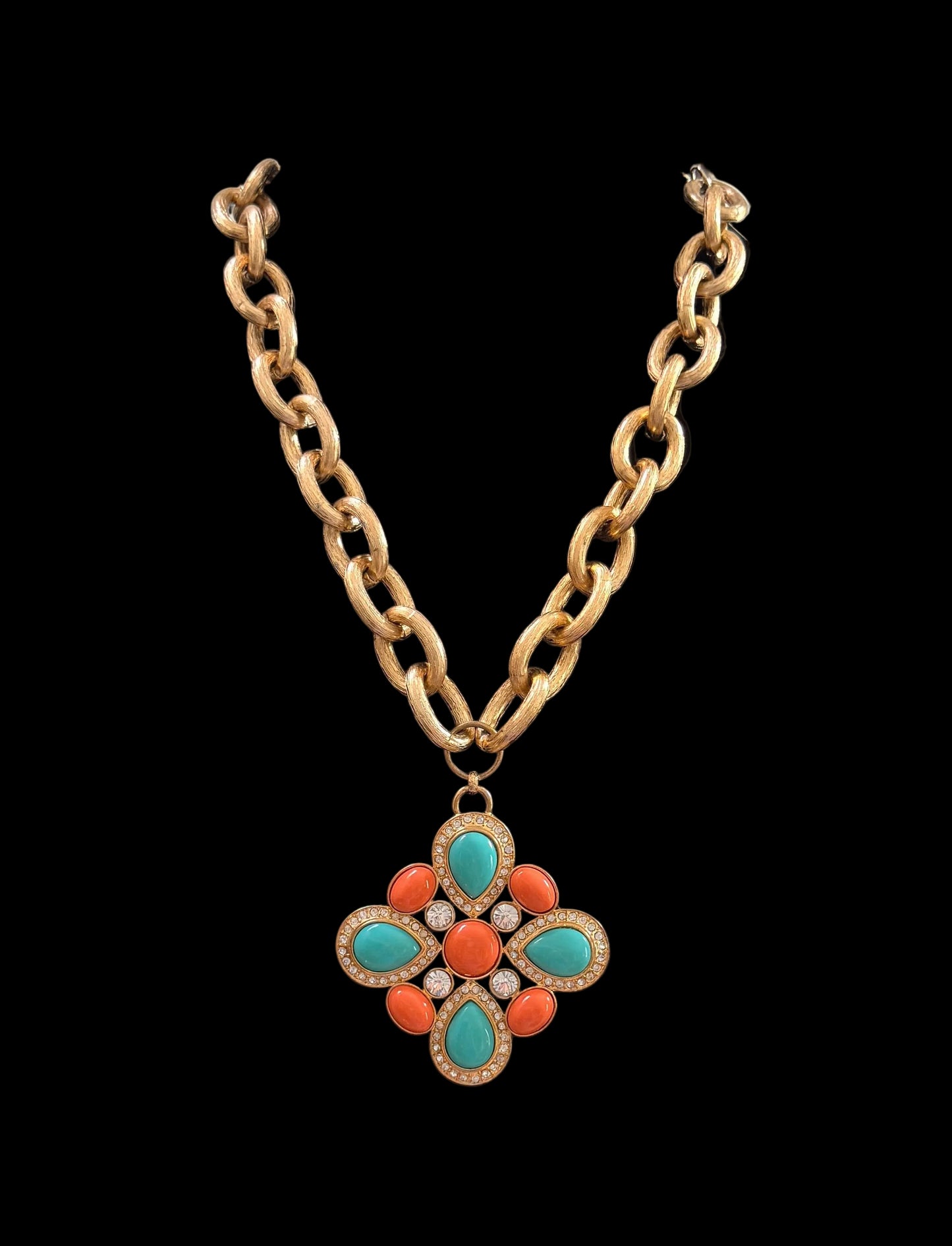 Faux Turquoise & Coral Maltese Statement Necklace