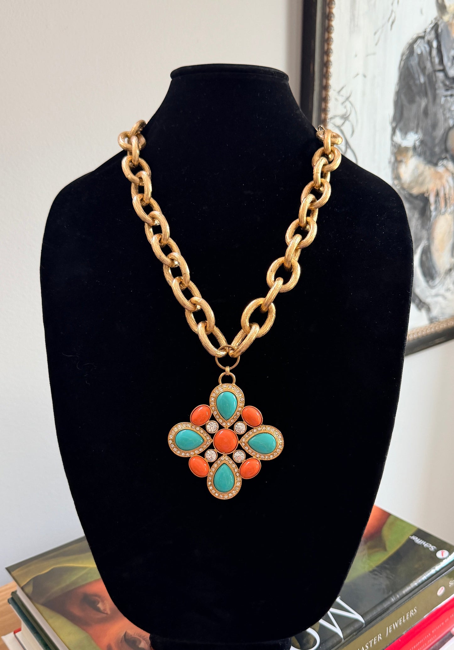 Faux Turquoise & Coral Maltese Statement Necklace