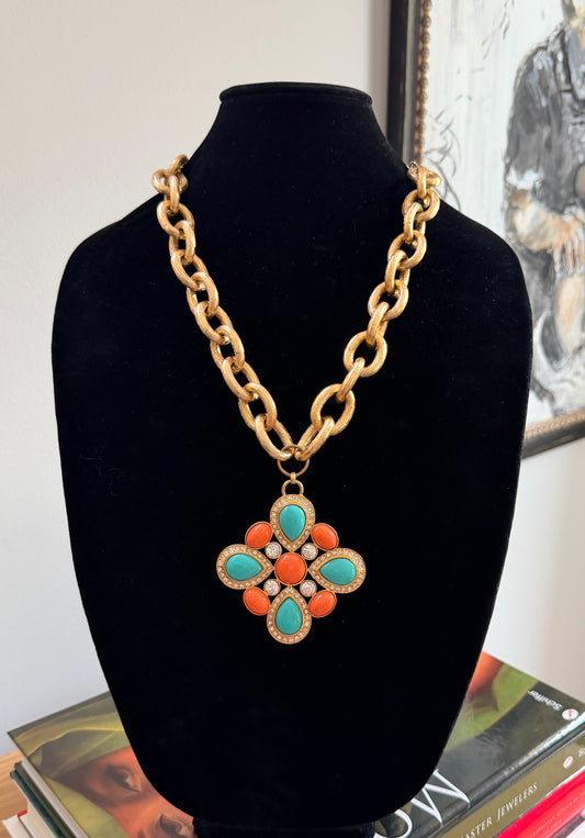 Faux Turquoise & Coral Maltese Statement Necklace